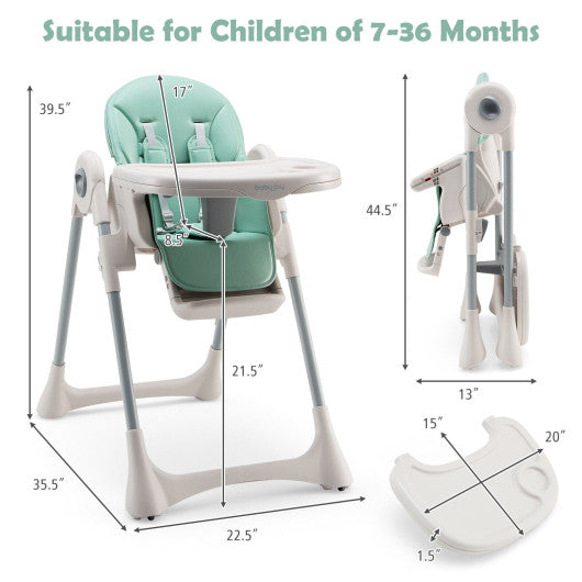 Baby Folding High Chair Dining Chair with Adjustable Height and Footrest-Green