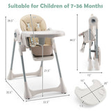 Baby Folding High Chair Dining Chair with Adjustable Height and Footrest-Beige