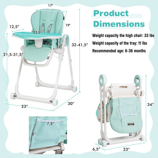 Baby High Chair Foldable Feeding Chair with 4 Lockable Wheels-Green