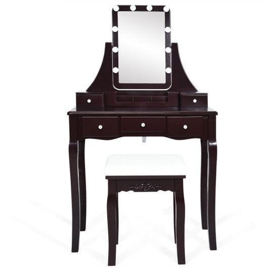 10 Dimmable Light Bulbs Vanity Dressing Table with 2 Dividers and Cushioned Stool-Coffee