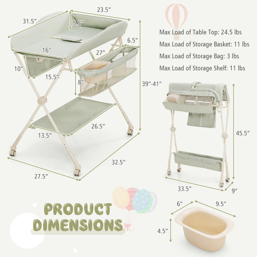 Baby Diaper Changing Table with Water Basin Wheel-Green
