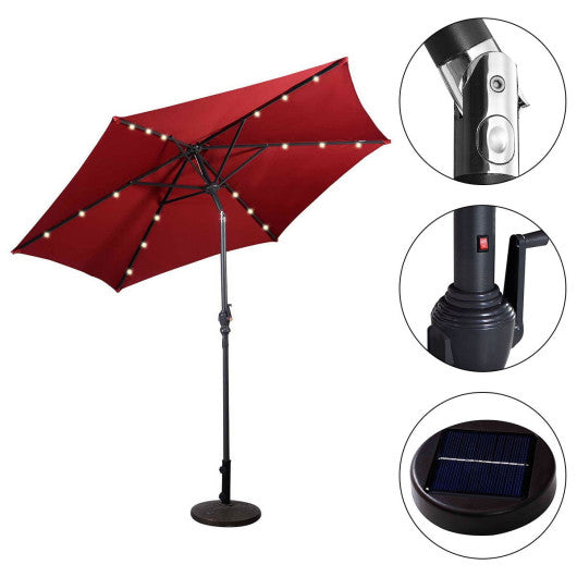 9FT Patio Solar Umbrella LED Patio Market Steel Tilt W/ Crank Outdoor New-Dark Red