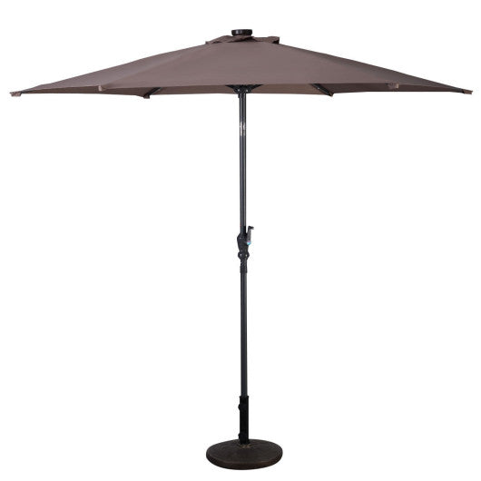 9FT Patio Solar Umbrella LED Patio Market Steel Tilt W/ Crank Outdoor New-Tan