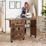 Folding Sewing Craft Table Shelf Storage Cabinet Home Furniture-Brown