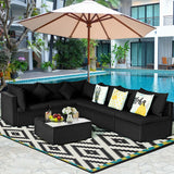 7 Pieces Outdoor Sectional Wicker Patio Furniture Sofa Set with Tempered Glass Top and Softy Cushions-Black