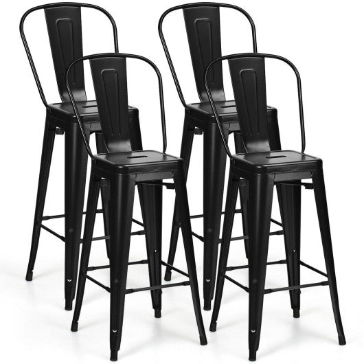 30" Height Set of 4 High Back Metal Industrial Bar Stools-Black