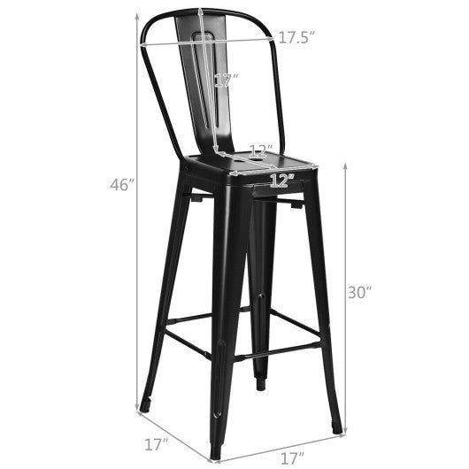 30" Height Set of 4 High Back Metal Industrial Bar Stools-Black