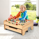 Children's Wooden Railway Set Table with 100 Pieces Storage Drawers