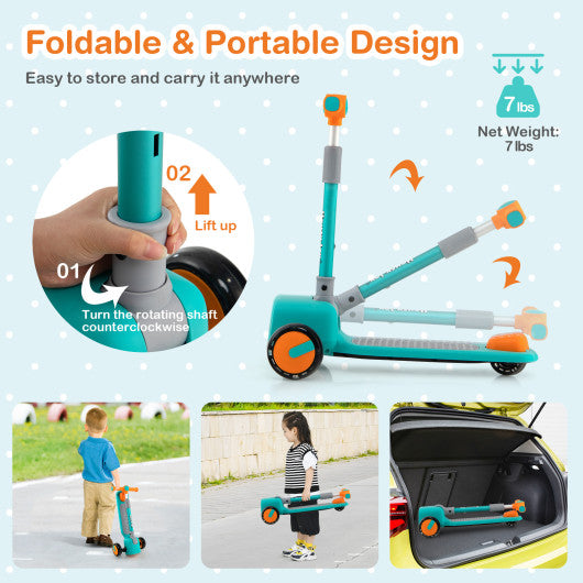 Folding Adjustable Kids Toy Scooter with LED Flashing Wheels Horn 4 Emoji Covers-Green