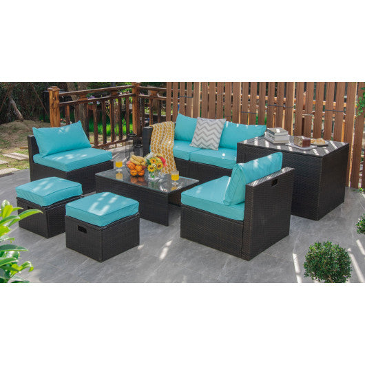 8 Pieces Patio Space-Saving Rattan Furniture Set with Storage Box and Waterproof Cover-Turquoise