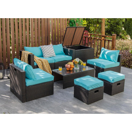 8 Pieces Patio Space-Saving Rattan Furniture Set with Storage Box and Waterproof Cover-Turquoise