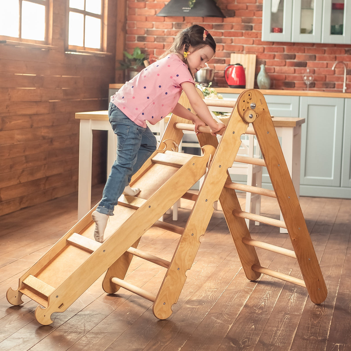 2in1 Montessori Climbing Set: Triangle Ladder + Slide Board/Ramp – Beige