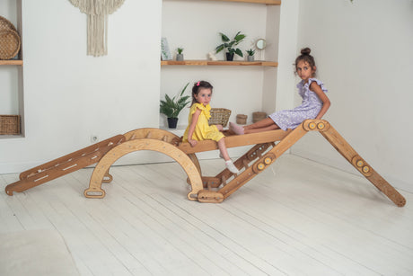 4in1 Montessori Climbing Frame Set: Snake Ladder + Arch/Rocker + Slide/Ramp + Net – Beige