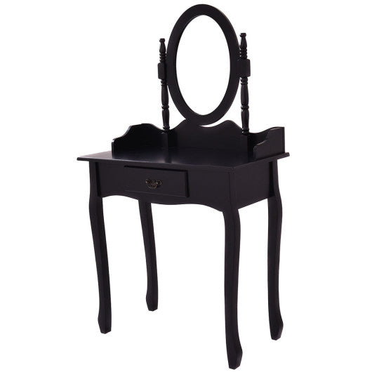 Wooded Vanity Table Set with Oval Mirror and Rotating Mirror-Black