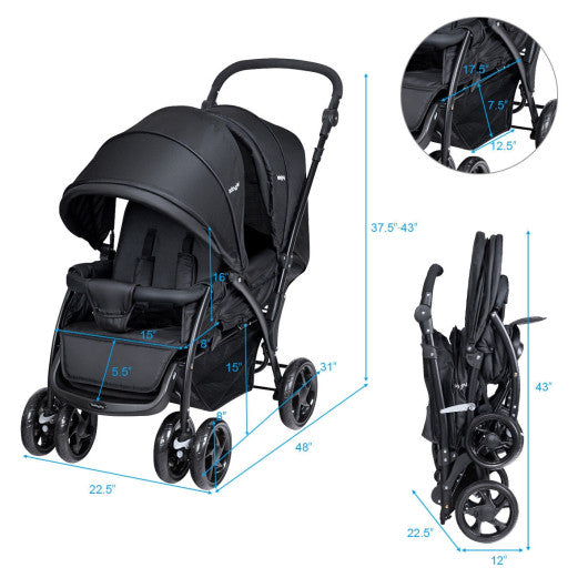 Foldable Lightweight Front Back Seats Double Baby Stroller-Black