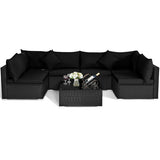 7 Pieces Outdoor Sectional Wicker Patio Furniture Sofa Set with Tempered Glass Top and Softy Cushions-Black