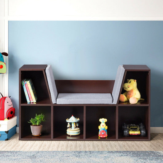 6-Cubby Kid Storage Bookcase Cushioned Reading Nook-Brown