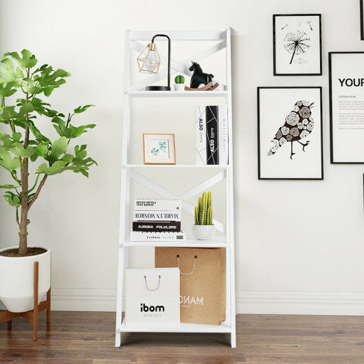 4-tier Leaning Free Standing Ladder Shelf Bookcase-White