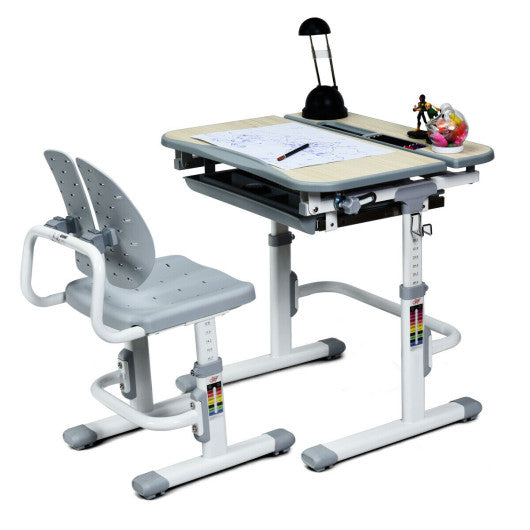Height Adjustable Kids Study Desk and Chair Set-Gray