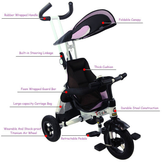 4-in-1 Detachable Learning Baby Tricycle Stroller w/ Canopy Bag-Pink
