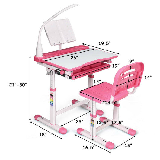 Adjustable Kids Desk Chair Set with Lamp and Bookstand-Pink