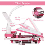 Adjustable Kids Desk Chair Set with Lamp and Bookstand-Pink